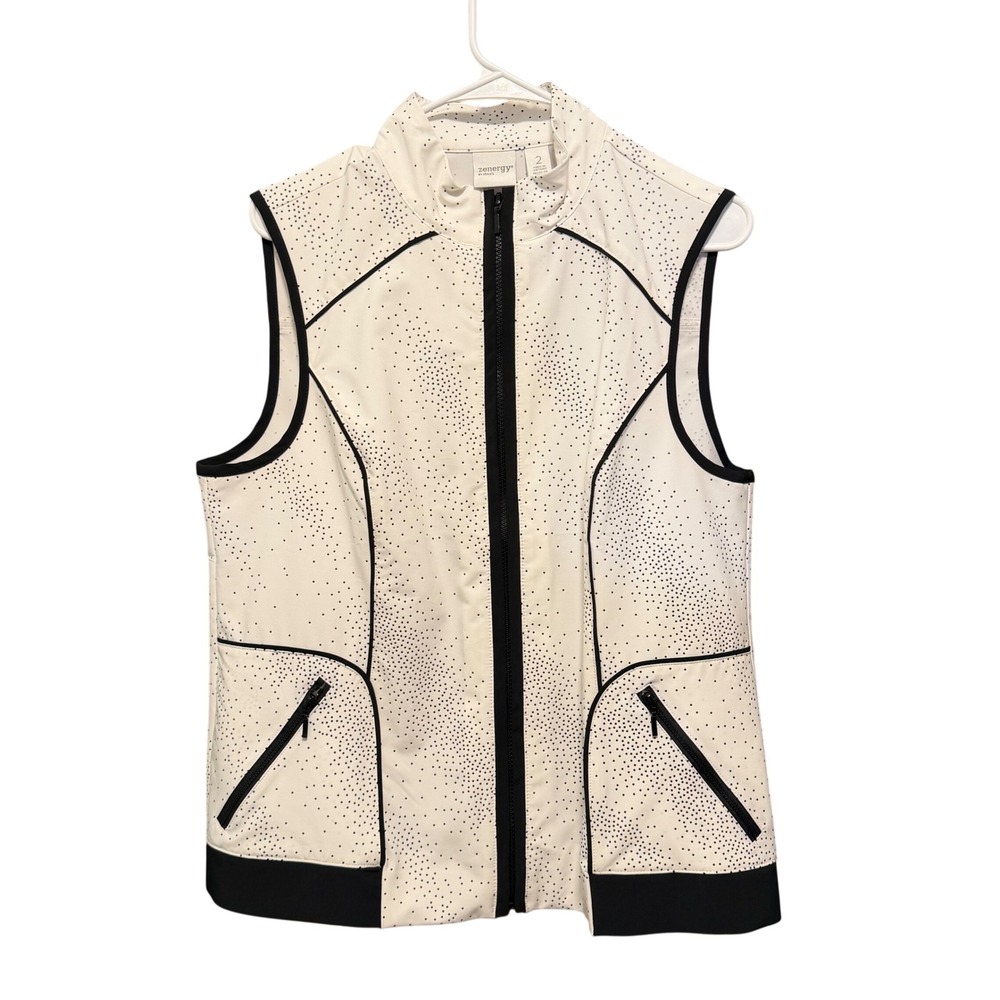 Zenergy by Chicos Womens Size 2 White Black Dotted Full Zip Mock Neck Vest Golf‎